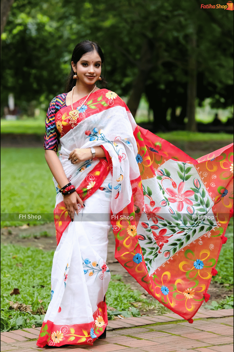 r (1) 1102-হাফ সিল্কের হ্যান্ড পেইন্ট শাড়ি - Image 1